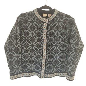 LL Bean 100% Merino Lamb's Wool Nordic Snowflake Printed Cardigan Medium